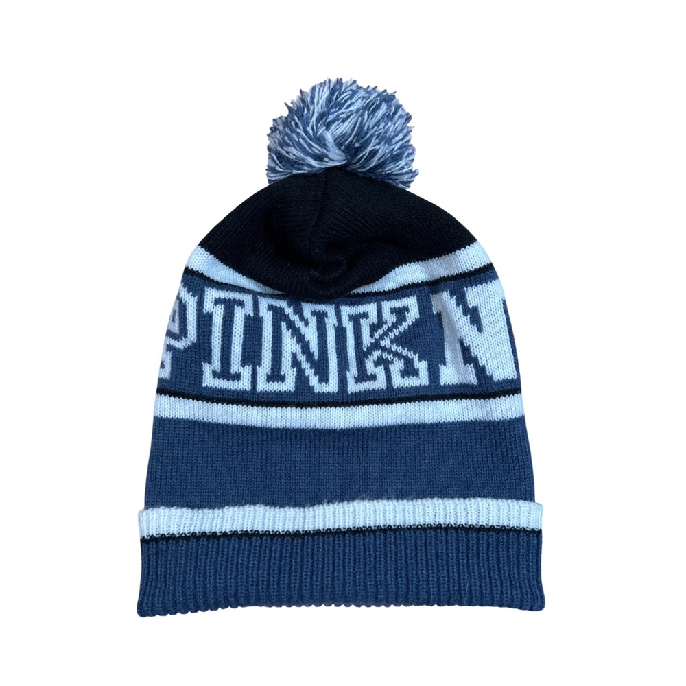 Victoria's Secret PINK Nation Beanie Navy Blue White Pom Knit‎ Hat One Size